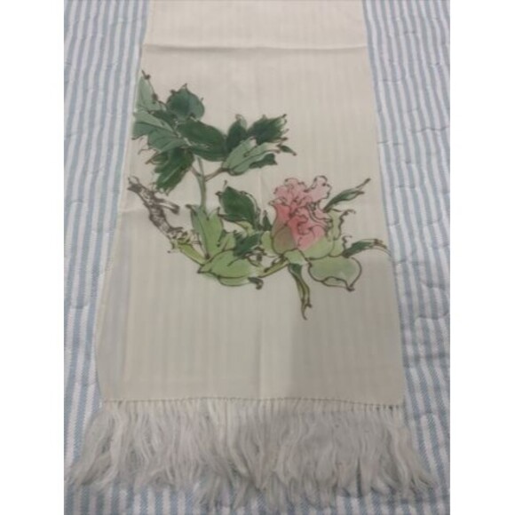 Oblong Opera Length Scarf Hand Painted Flower - Picture 2 of 4